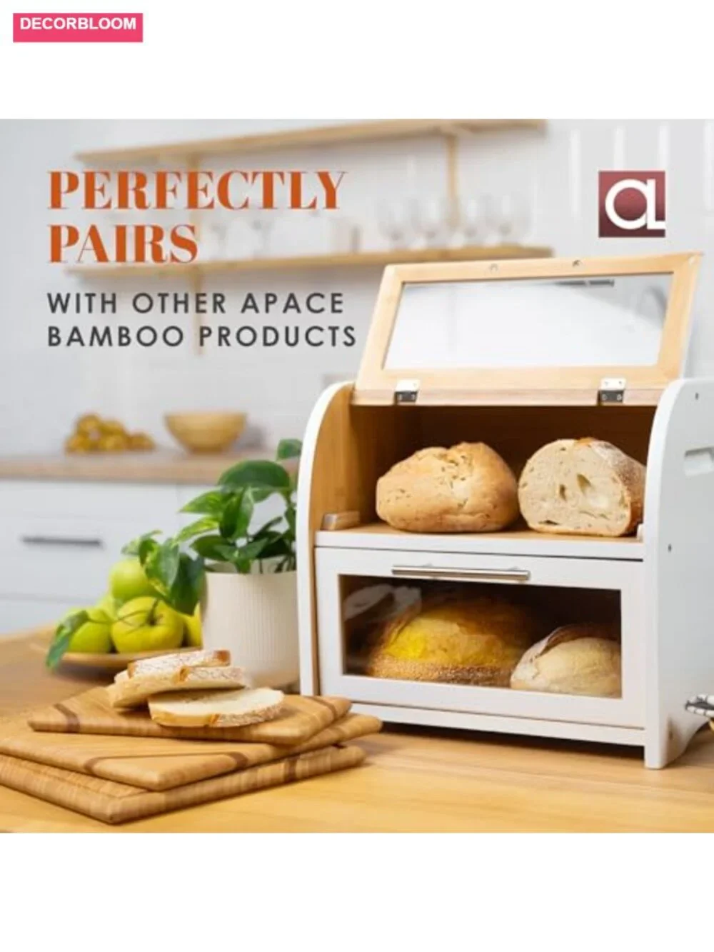 Large Bamboo 2-Tier Bread Box with Acrylic Windows for Kitchen Counter
